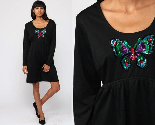 70s Babydoll Minidress Black Sequin Butterfly Empire Waist Long Sleeve Small