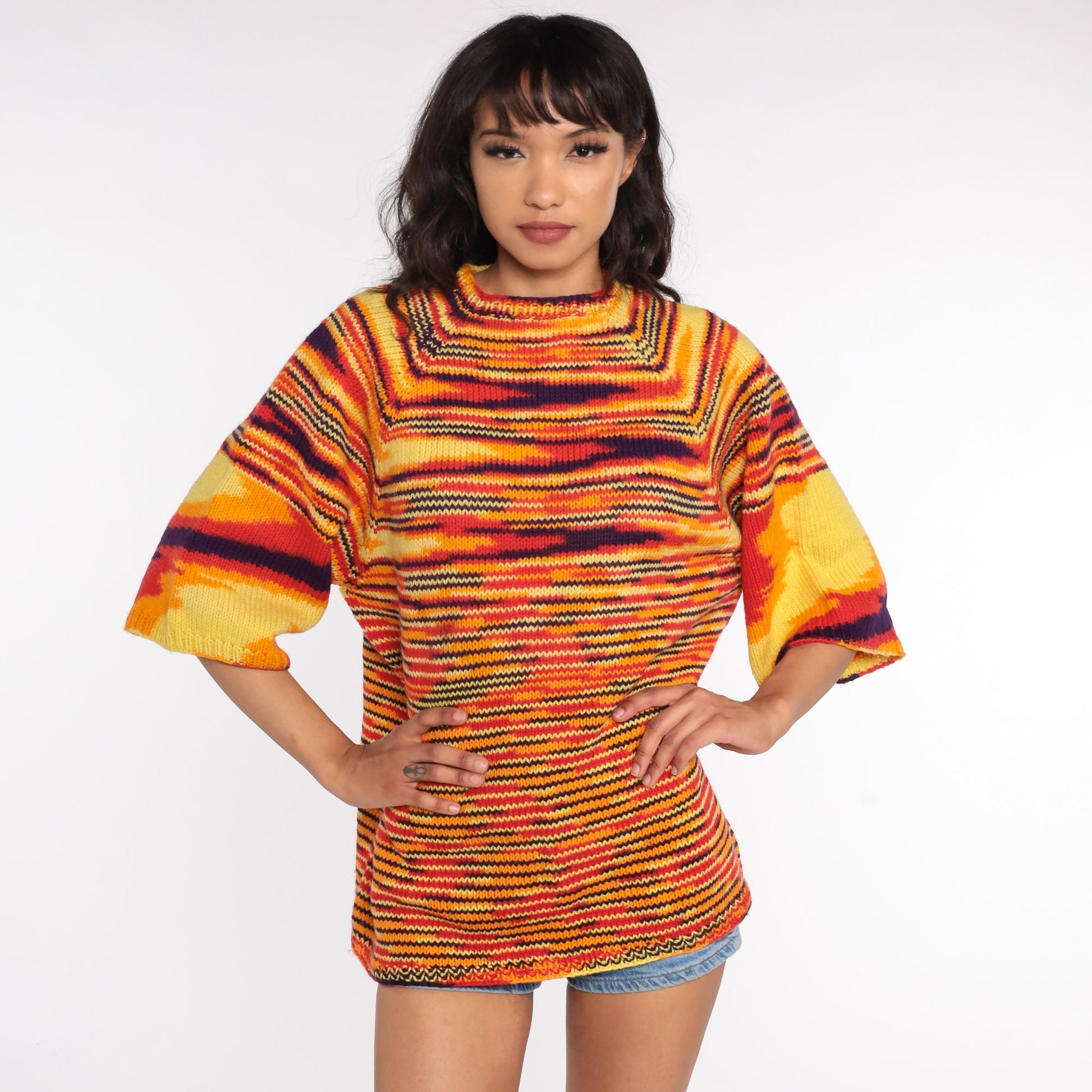 70s Space Dye Knit Sweater Wide Sleeve Pullover Orange Large L