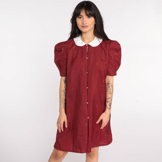 70s Novelty Print Shift Dress Dapper Man Peter Pan Collar Puff Sleeve Mini Burgundy Medium
