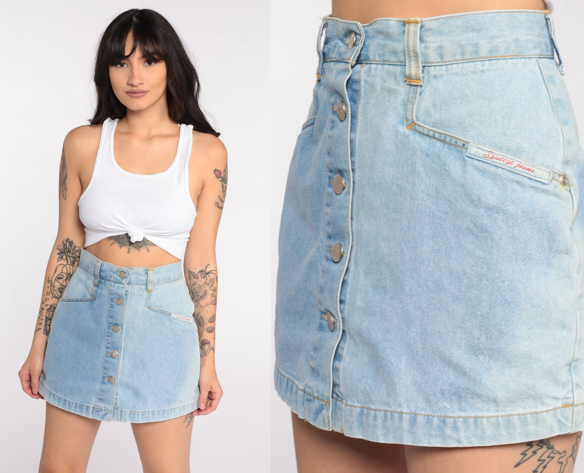 90s Squeeze Jeans Blue Denim Skort High Waisted Button Up Extra Small