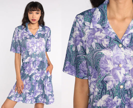 80s Purple Floral Mini Dress High Waisted Button Front Short Sleeve Large