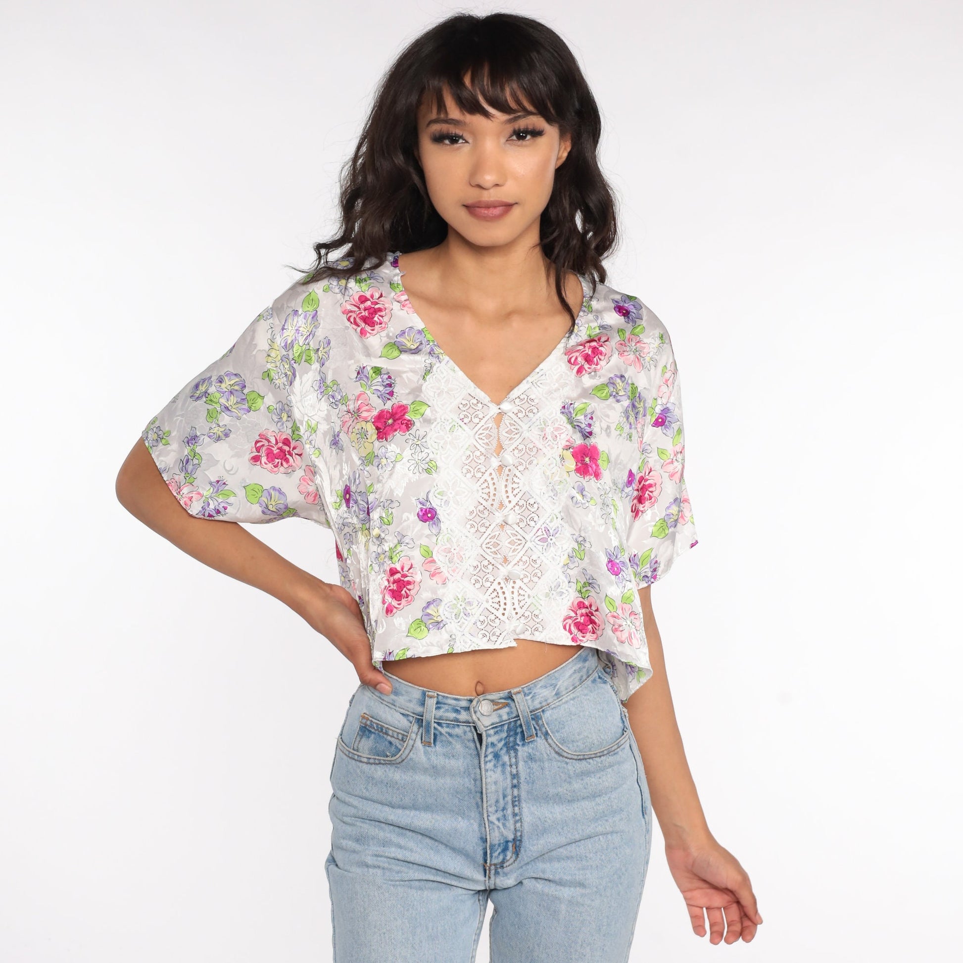 80s Floral Satin Lingerie Pajama Top Lace Crop Button-Up Large