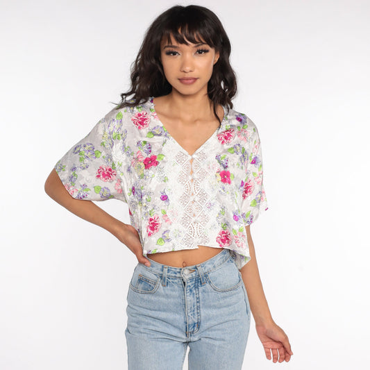 80s Floral Satin Lingerie Pajama Top Lace Crop Button-Up Large