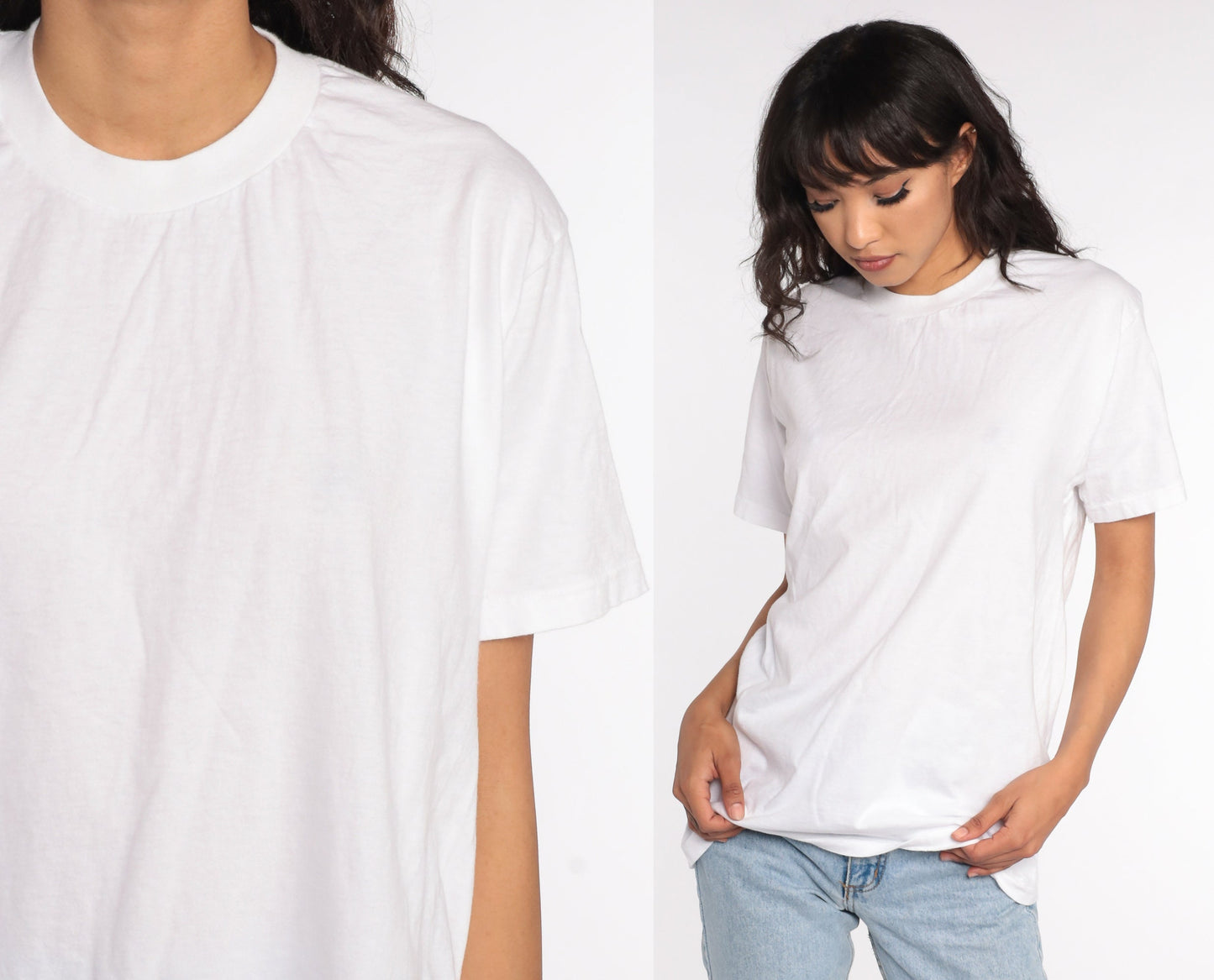 80s Plain White Cotton T-Shirt Single Stitch Crewneck Medium Large