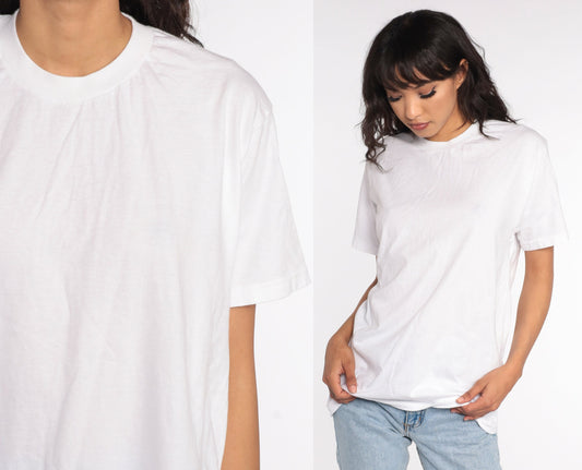 80s Plain White Cotton T-Shirt Single Stitch Crewneck Medium Large