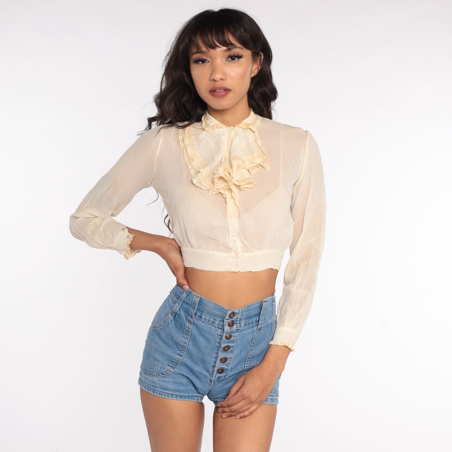 1940s Cream Chiffon Tuxedo Ruffle Blouse Crop Top Button Up Extra Small