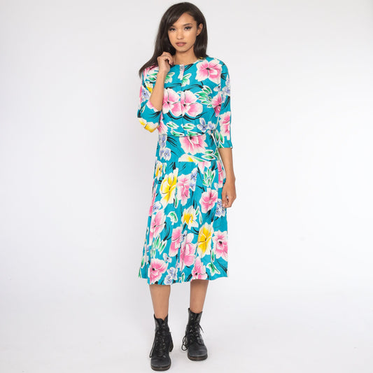 80s Floral Midi Dress Turquoise Drop Waist Button Up 3/4 Sleeve Small