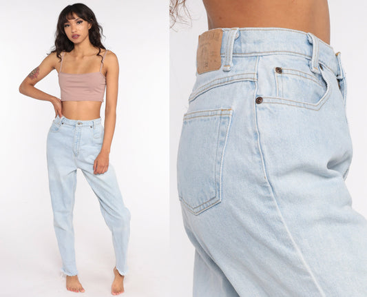 90s High Waisted Blue Denim Jeans Tapered Ankle Raw Hem Small 27