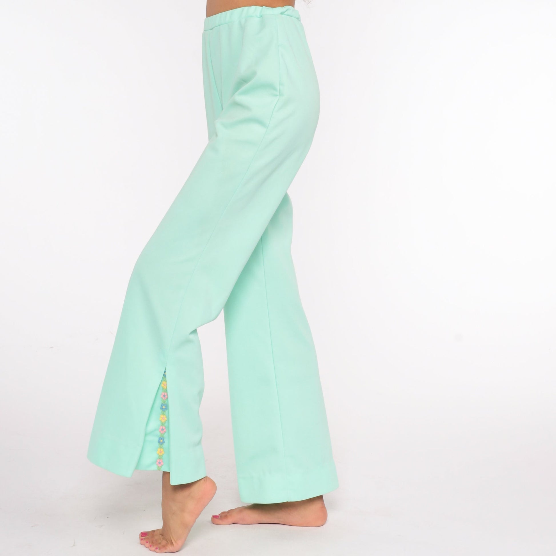70s Mint Green Floral Bell Bottom Trousers High Waist Small