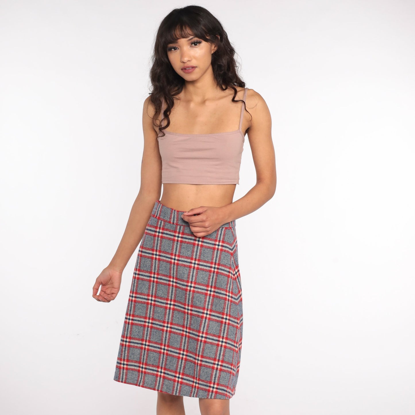 70s Grey Red Checkered Midi Skirt High Waisted Plaid Small