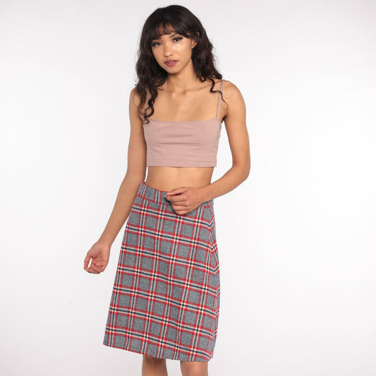 70s Grey Red Checkered Midi Skirt High Waisted Plaid Small