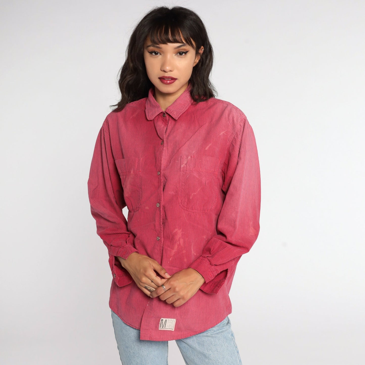 90s Calvin Klein Red Striped Oxford Button-Up Shirt Distressed Cotton Medium