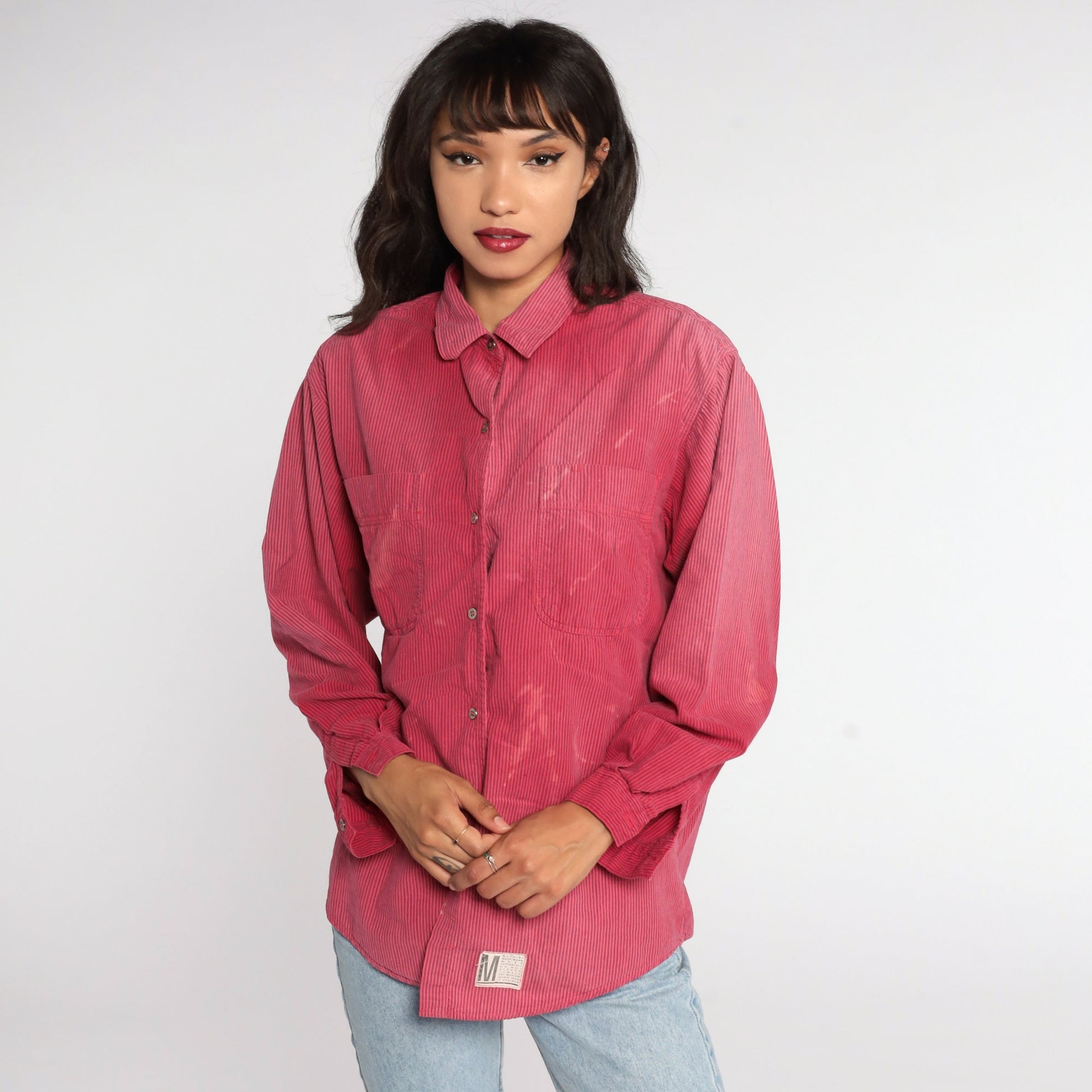 90s Calvin Klein Red Striped Oxford Button-Up Shirt Distressed Cotton Medium