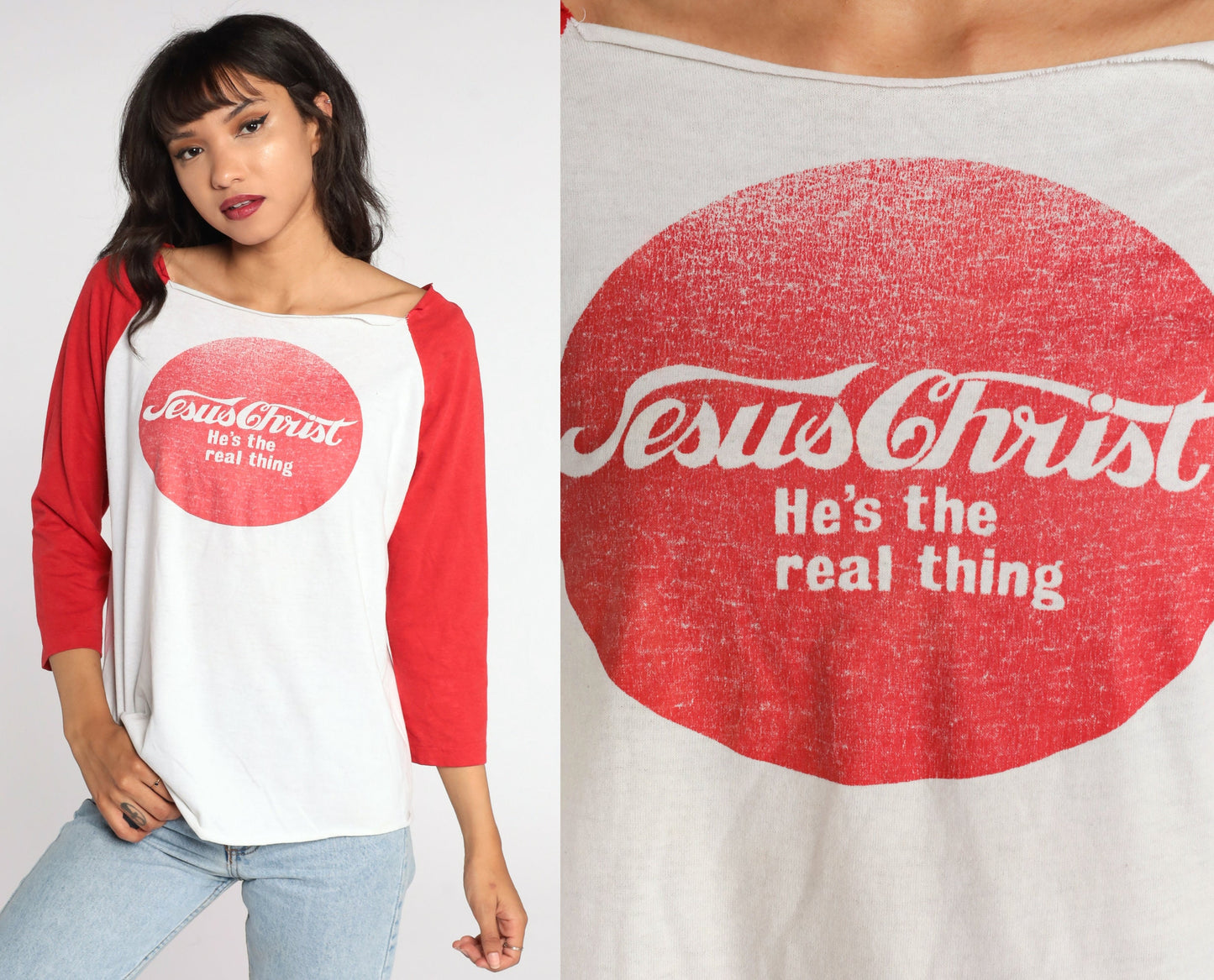 80s Jesus Christ He's The Real Thing Raglan T-Shirt Cotton Medium Large