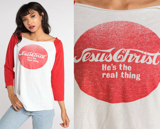 80s Jesus Christ He's The Real Thing Raglan T-Shirt Cotton Medium Large