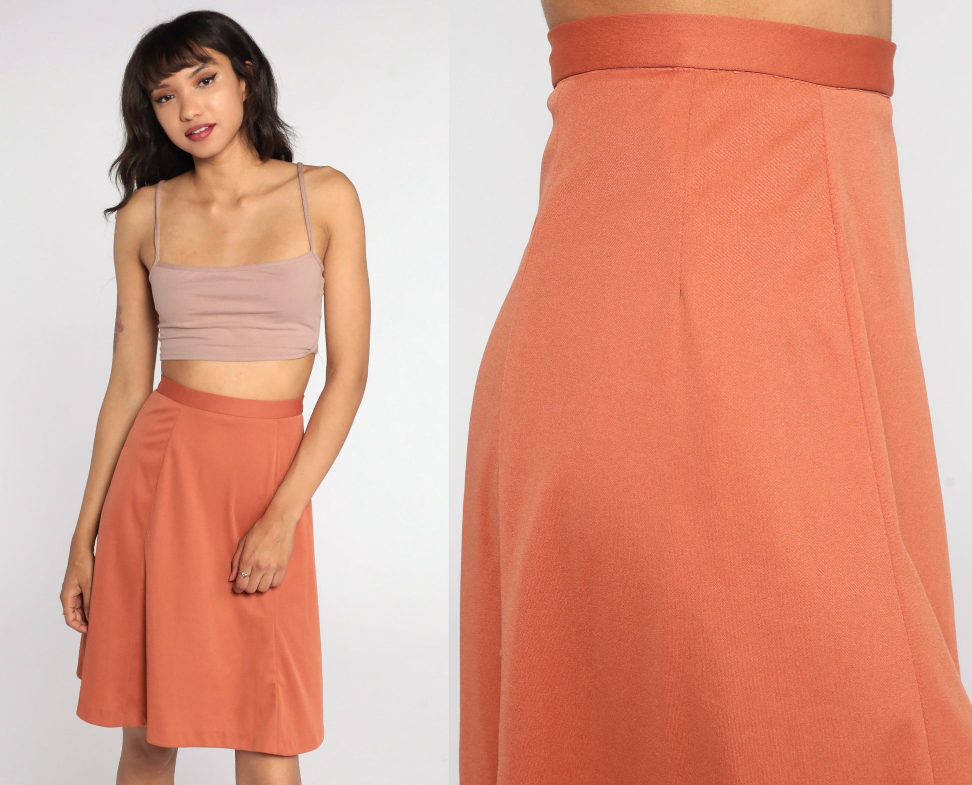 70s Terracotta A-Line Midi Skirt High Waisted Rear Zip Extra Small
