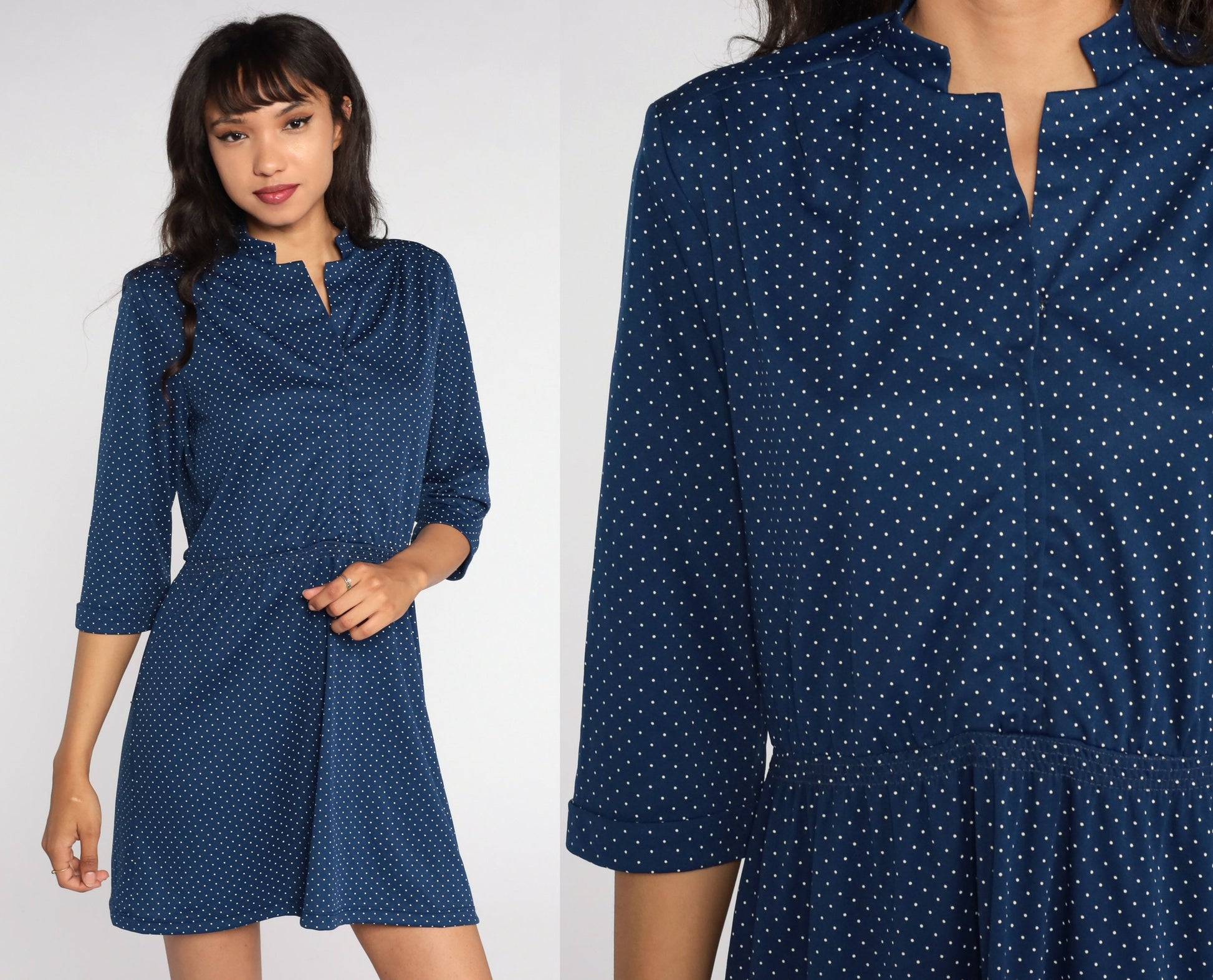 70s Blue Polka Dot Mini Dress High Waisted Short Sleeve Medium