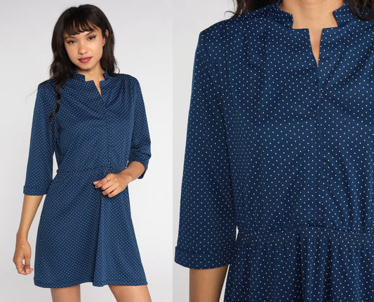 70s Blue Polka Dot Mini Dress High Waisted Short Sleeve Medium