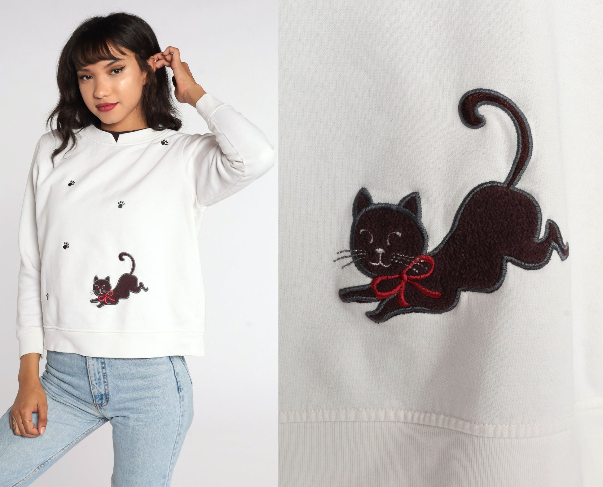 80s Cat Graphic Sweatshirt White Paw Print Crewneck Small