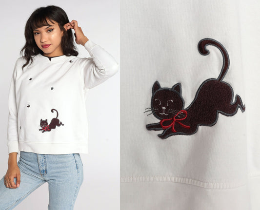 80s Cat Graphic Sweatshirt White Paw Print Crewneck Small