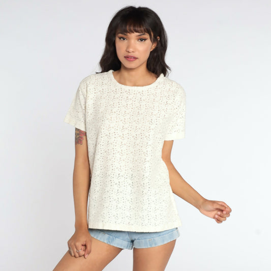 80s Sheer Cream Lace Blouse Short Sleeve Floral Cotton Nylon Medium
