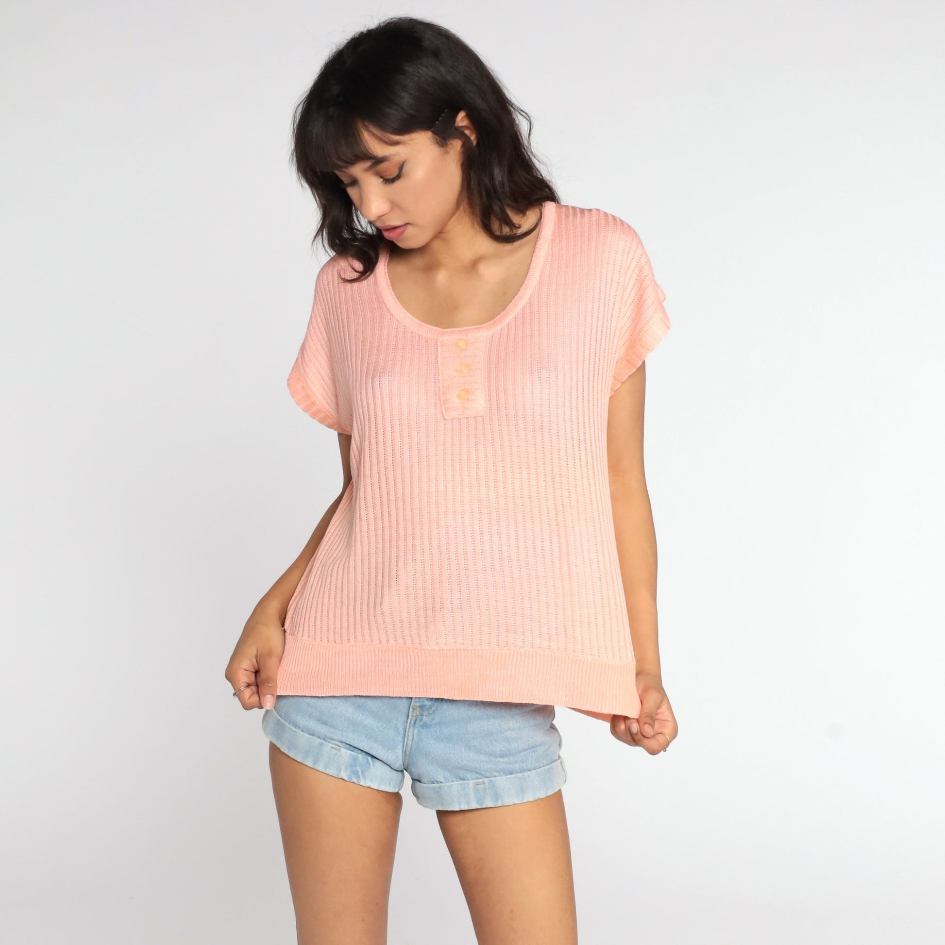 80s Peach Knit Sweater Top Short Sleeve Ribbed Slouchy Large