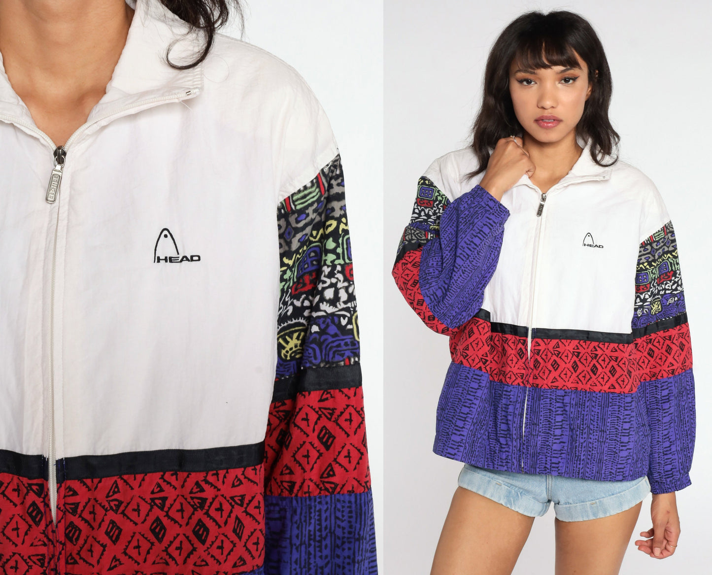 90s Head Colour Block Windbreaker Jacket White Red Purple Large