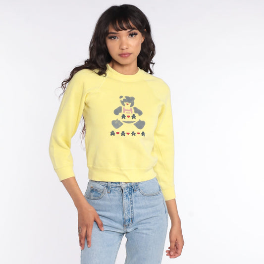 80s Teddy Bear Print Raglan Sweatshirt Yellow Graphic Crewneck XXS