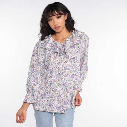 80s Floral Tuxedo Blouse Purple Ruffle Long Sleeve Medium
