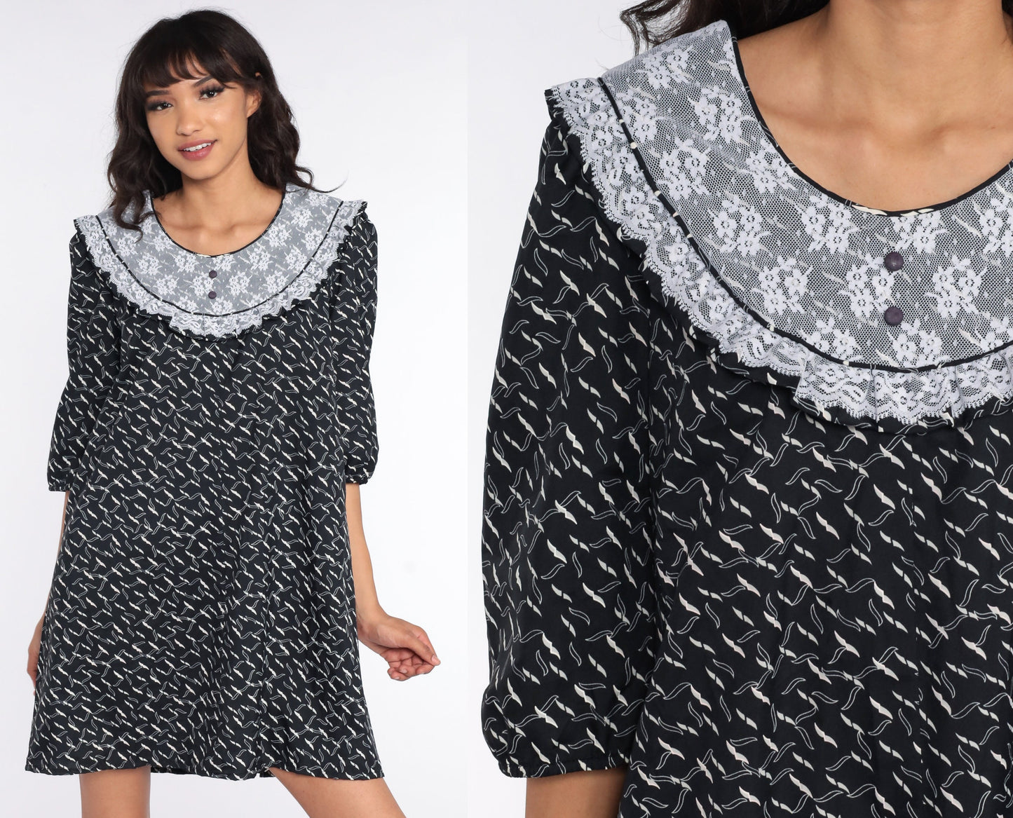 80s Black Geometric Lace Bib Mini Dress Tent Cut Small S