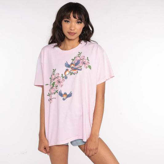 90s Bird Floral Graphic T-Shirt Pink Screen Print Vintage Large L