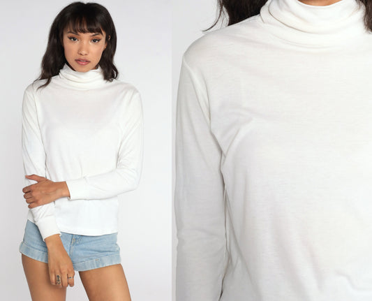 80s White Turtleneck Long Sleeve Shirt Cotton Blend Medium
