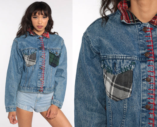80s Jordache Denim Jacket Patchwork Plaid Blue Jean Coat Medium