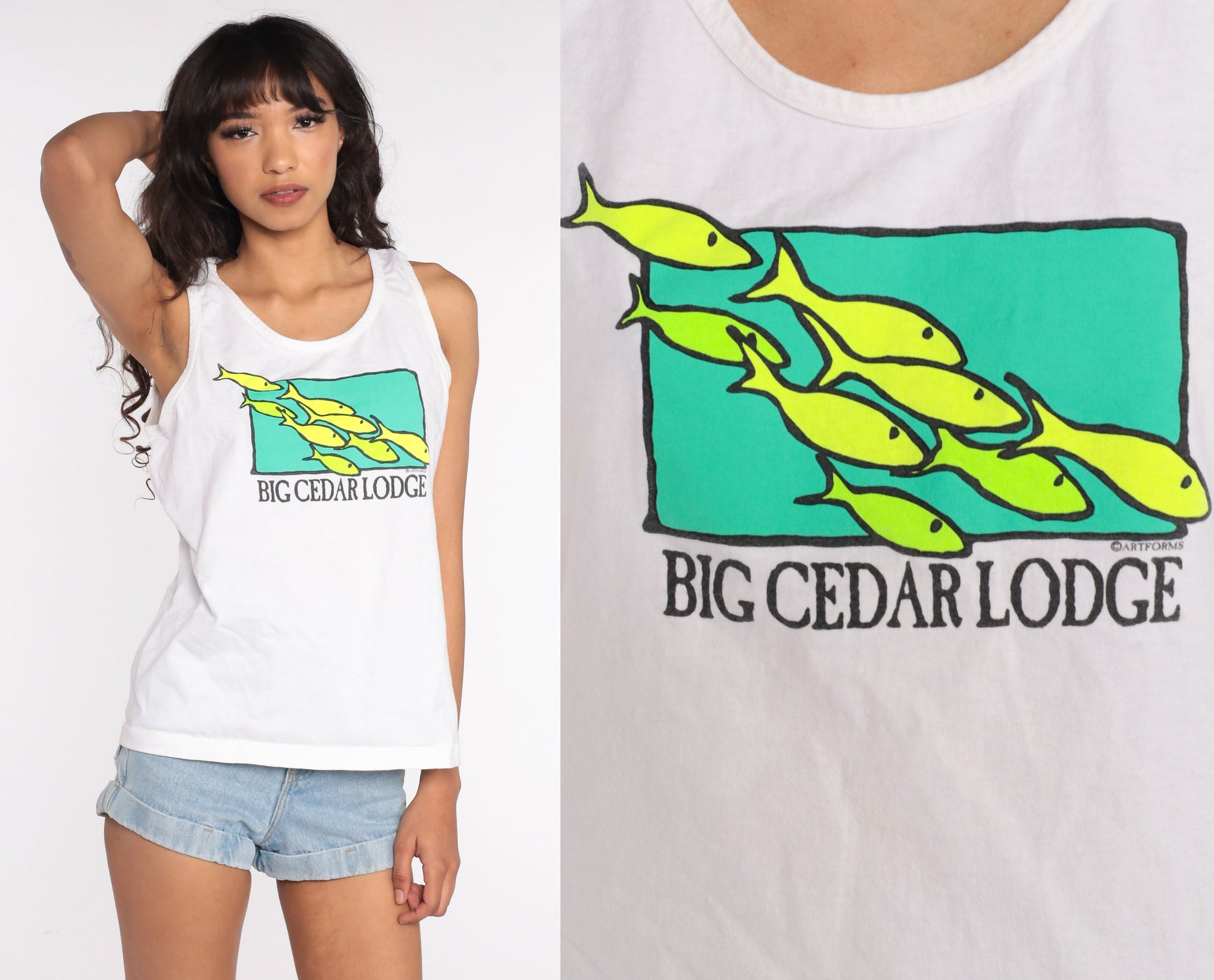 90s Big Cedar Lodge Missouri Fish Tank Top Neon Graphic Medium