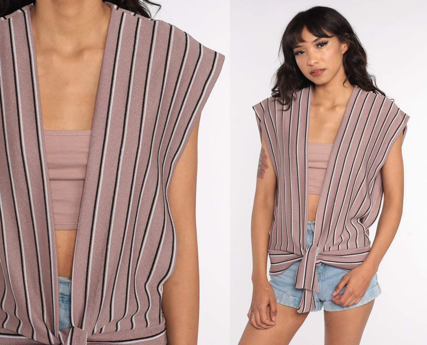 70s Taupe Striped Knit Tank Top Deep V Neck Sleeveless Plunge Small Medium Large