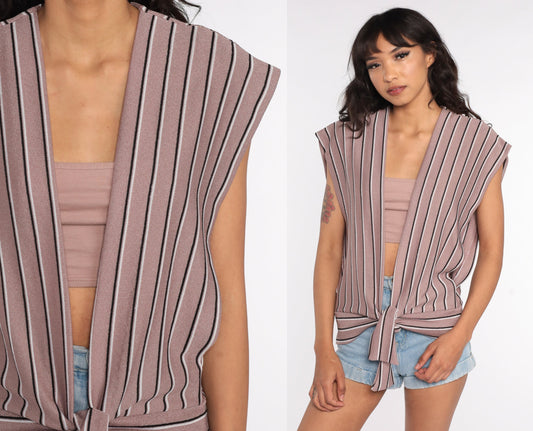 70s Taupe Striped Knit Tank Top Deep V Neck Sleeveless Plunge Small Medium Large