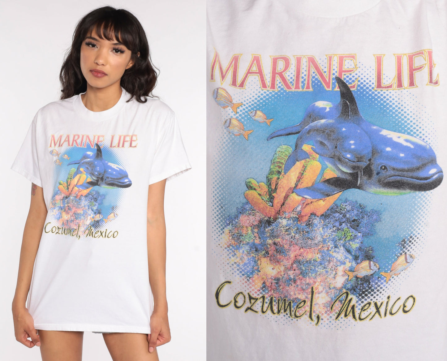 90s Cozumel Dolphin Graphic T-Shirt Mexico Souvenir Cotton Tee Medium
