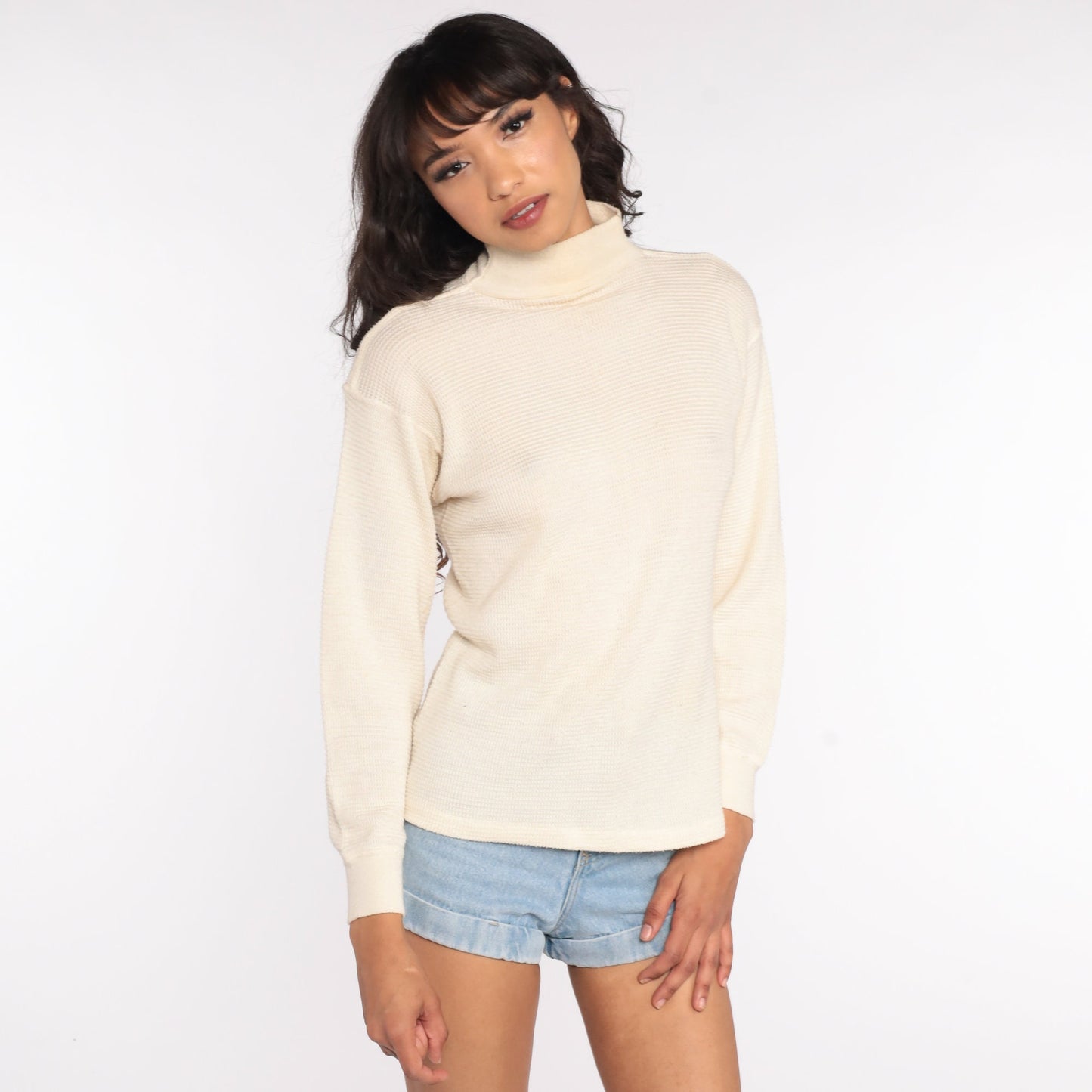 80s Cream Thermal Waffle Knit Long Sleeve Shirt Medium Large