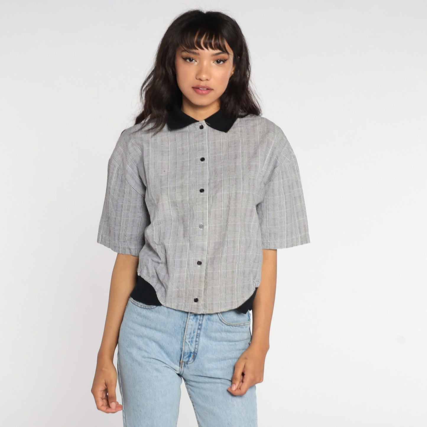 90s Black White Checkered Button-Up Shirt Cotton Short Sleeve Small