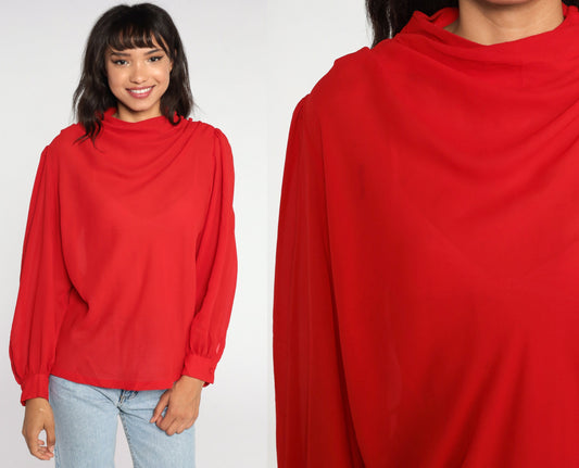 80s Red Sheer Cowl Neck Blouse Puff Sleeve Party Top Large L