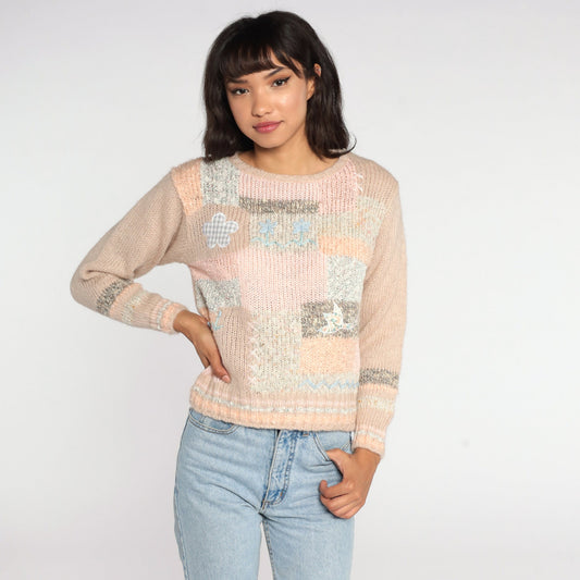 80s Patchwork Floral Embroidered Sweater Peach Wool Blend Small