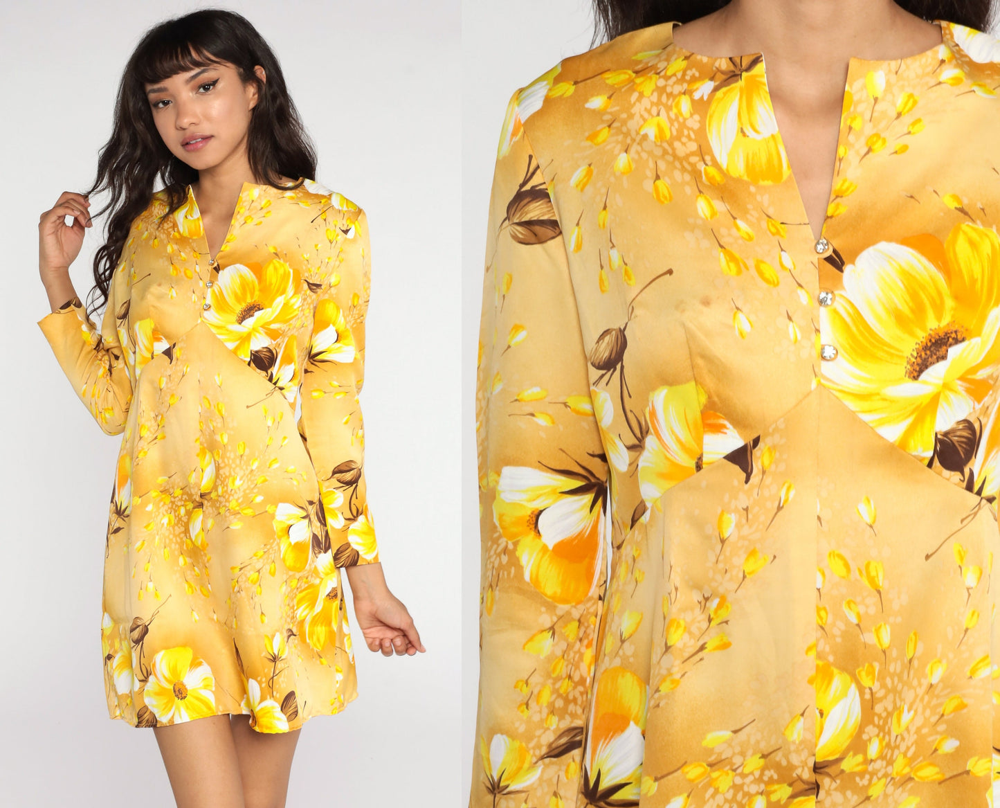 60s Yellow Floral Babydoll Dress Empire Waist Mini Long Sleeve Medium