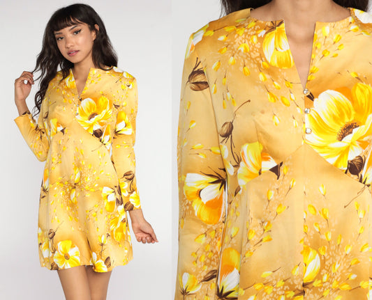 60s Yellow Floral Babydoll Dress Empire Waist Mini Long Sleeve Medium