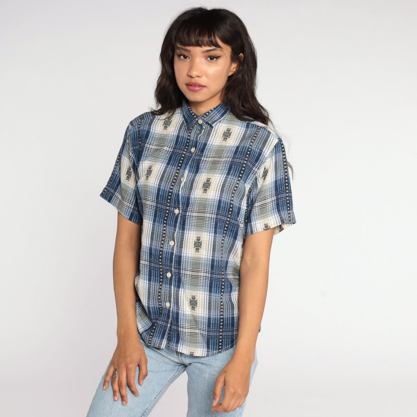 80s Blue Plaid Button-Up Shirt Short Sleeve Medium
