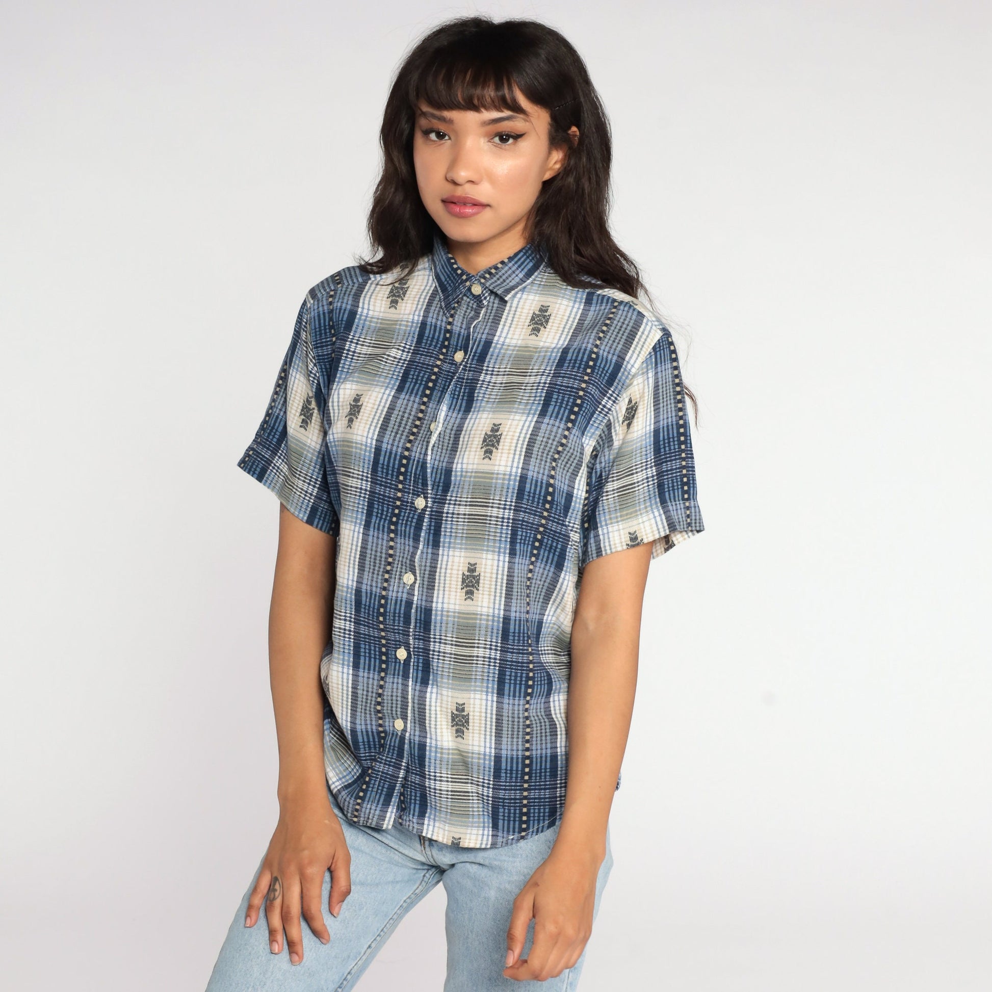 80s Blue Plaid Button-Up Shirt Short Sleeve Medium