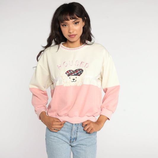 80s Teddy Bear Graphic Sweatshirt Pink Colour Block White Crewneck Small