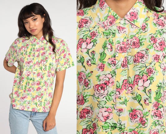 80s Yellow Floral Button-Up Blouse Short Sleeve Pink Rose Print Medium
