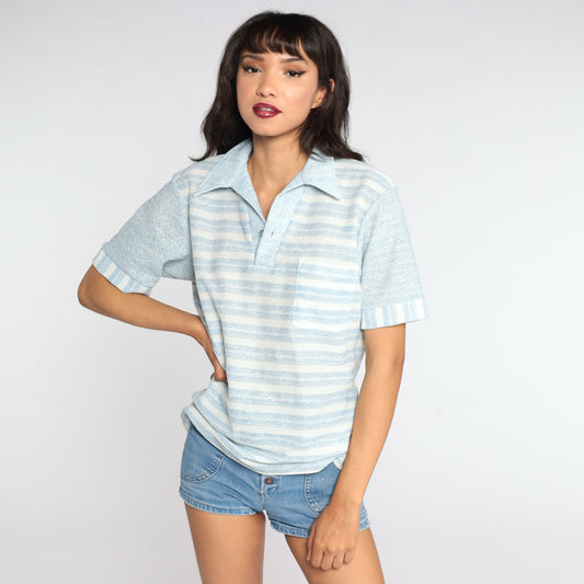 70s Striped Polo Shirt White Baby Blue Half-Button Collared Medium