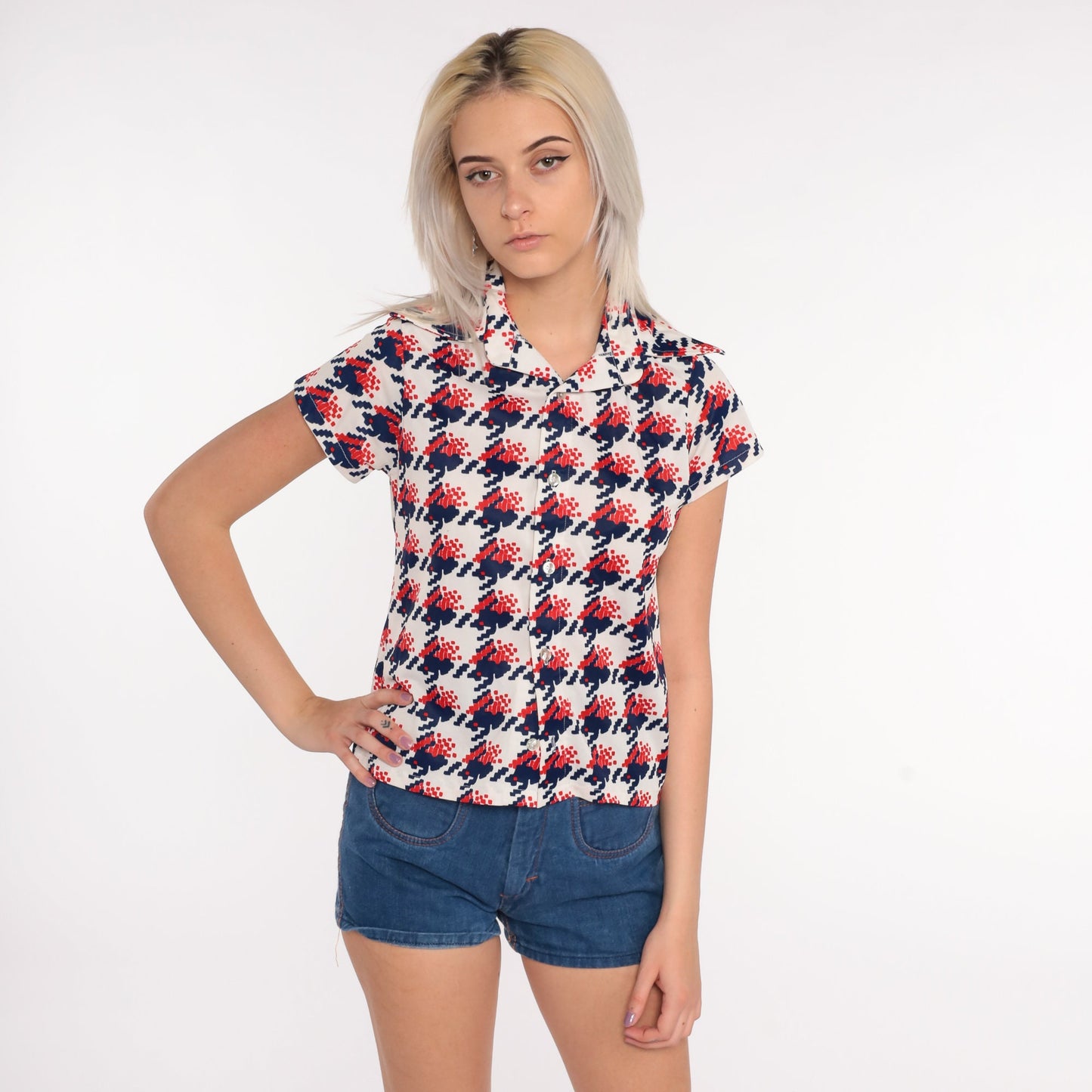 70s Geometric Print Button Up Shirt Brown Red White Blue Small
