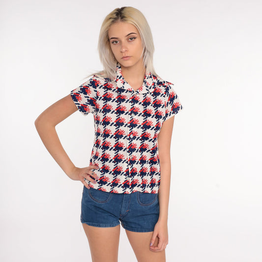 70s Geometric Print Button Up Shirt Brown Red White Blue Small